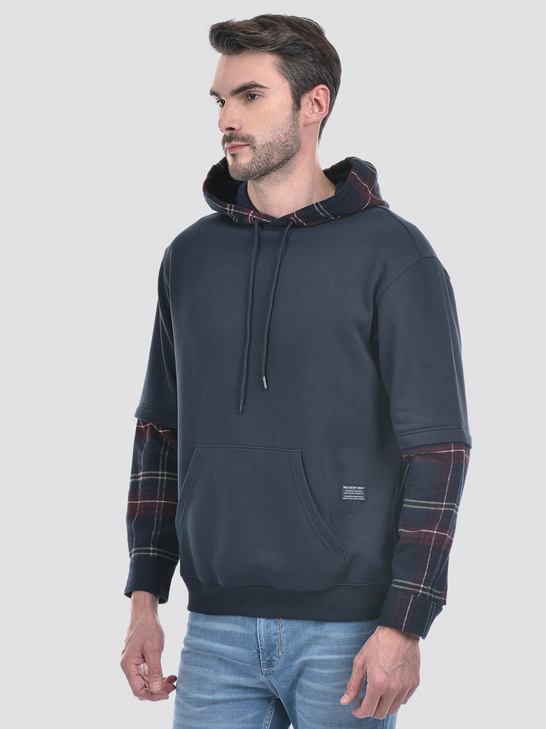 Numero Uno Men Blue Checks Hooded Neck Brushed Fleece Sweatshirt